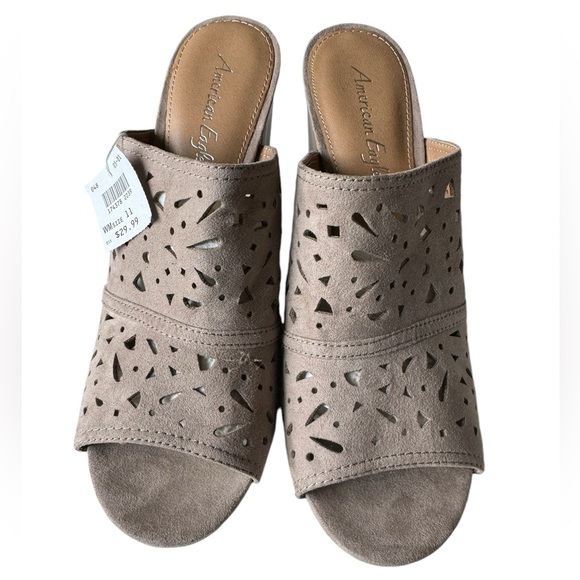 Retro American Eagle Outfitters Gray Leather Slip On Peeptoe Chunky Heels NWT 11 - Picture 6 of 9